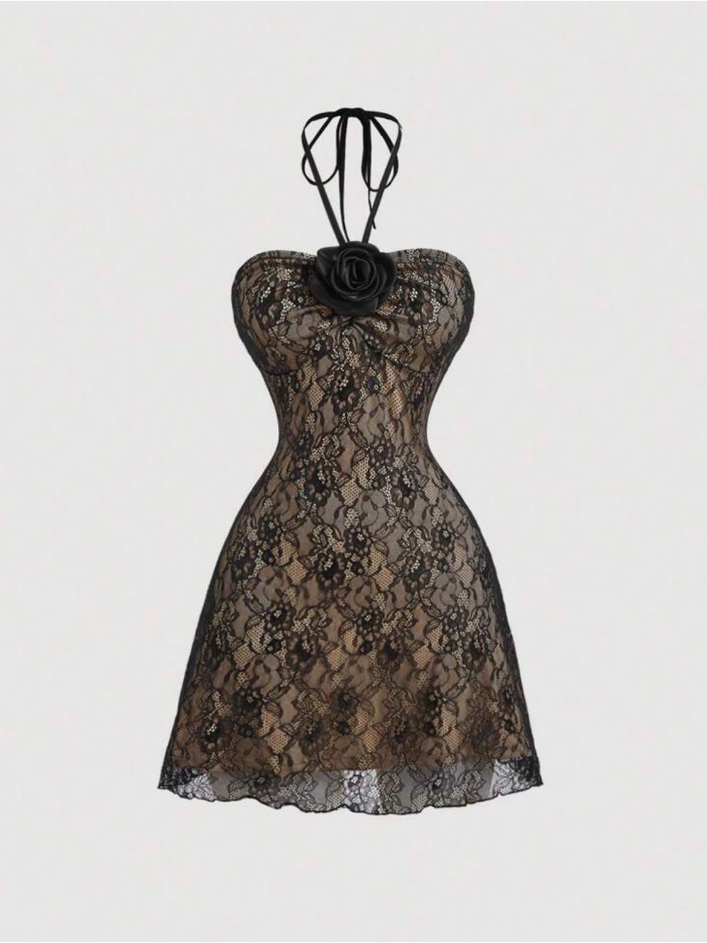 Black Lace Halter Mini Dress with Rose Detail